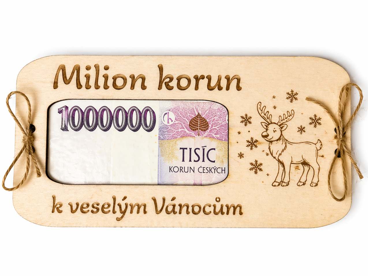 Dřevěná obálka na peníze – Milion korun k veselým Vánocům